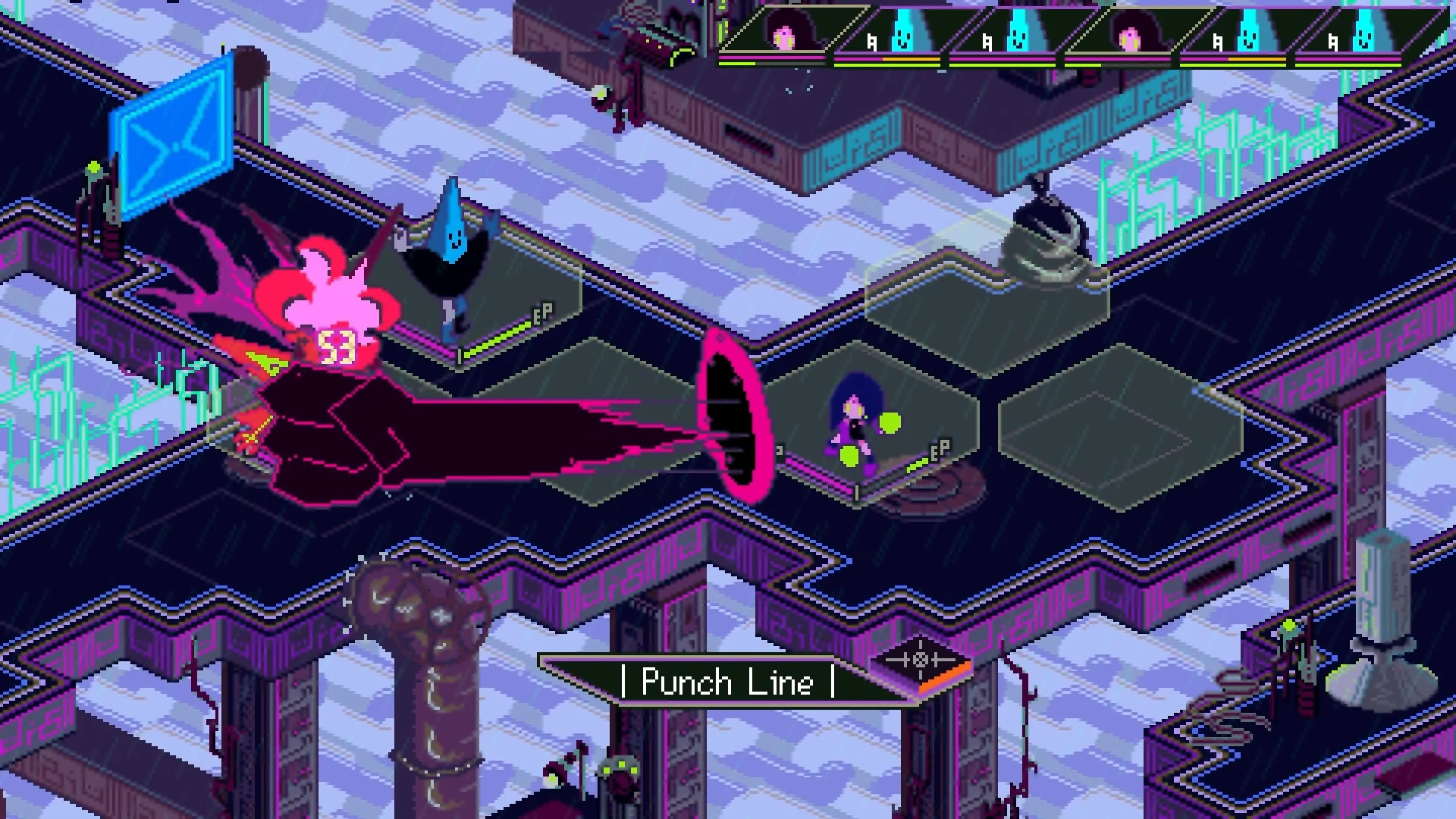 Punch Line attack: pink shockwave on a hex walkway, cone-hat foe, EP orbs around B0B0