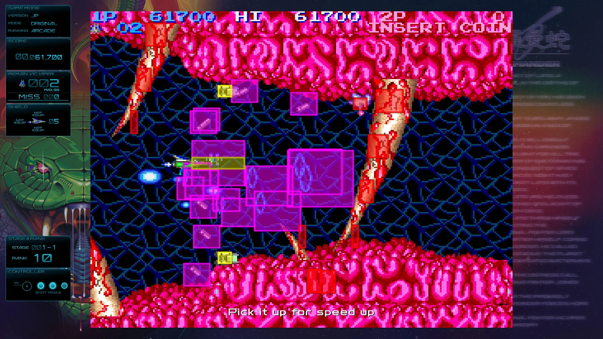 A purple side-scrolling stage with a ship and organic red terrain.