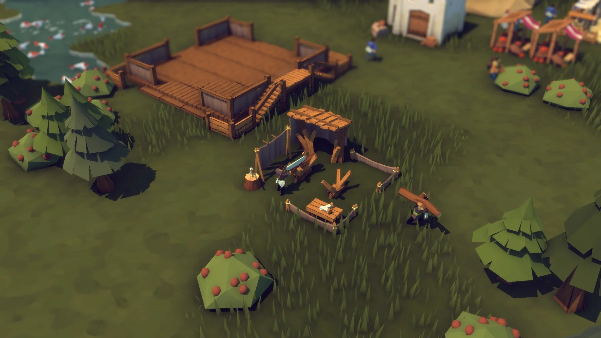 Woodcutter camp, sawhorse and logs, wooden dock by a pond with koi, pine trees with red fruit, market stall at the edge