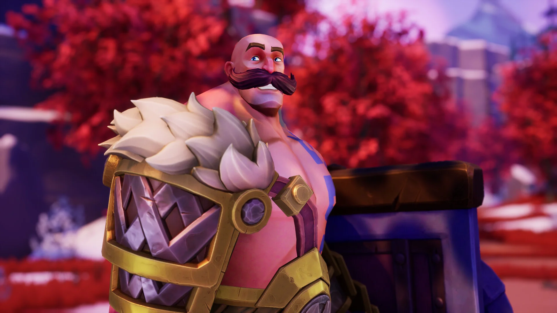 A large mustached man in fur and gold armor