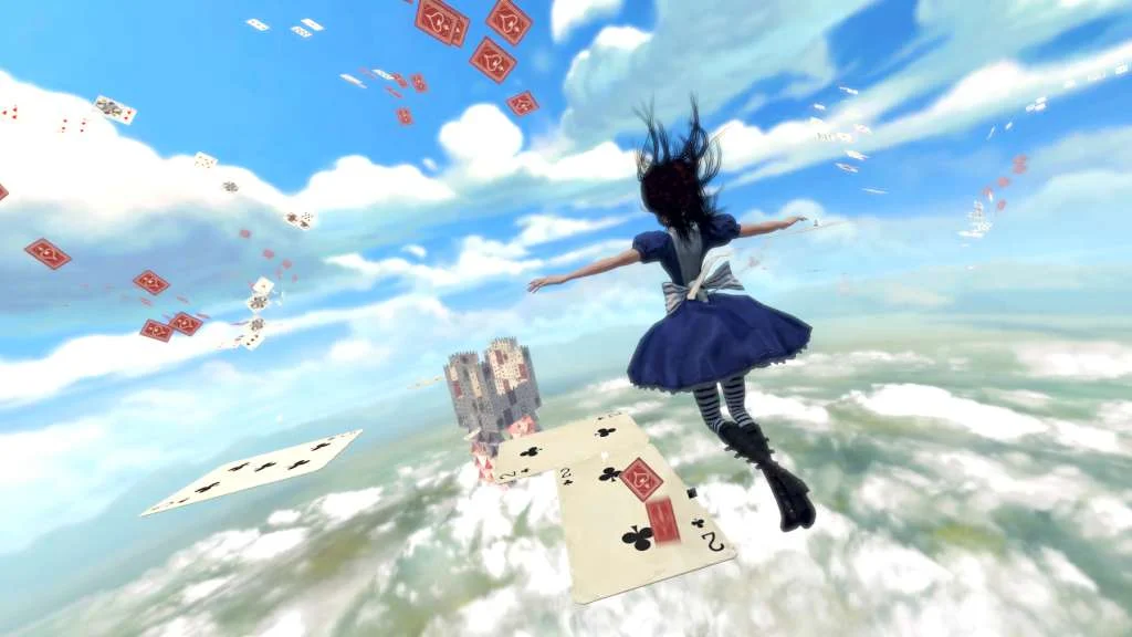 Alice falling among scattered playing cards.