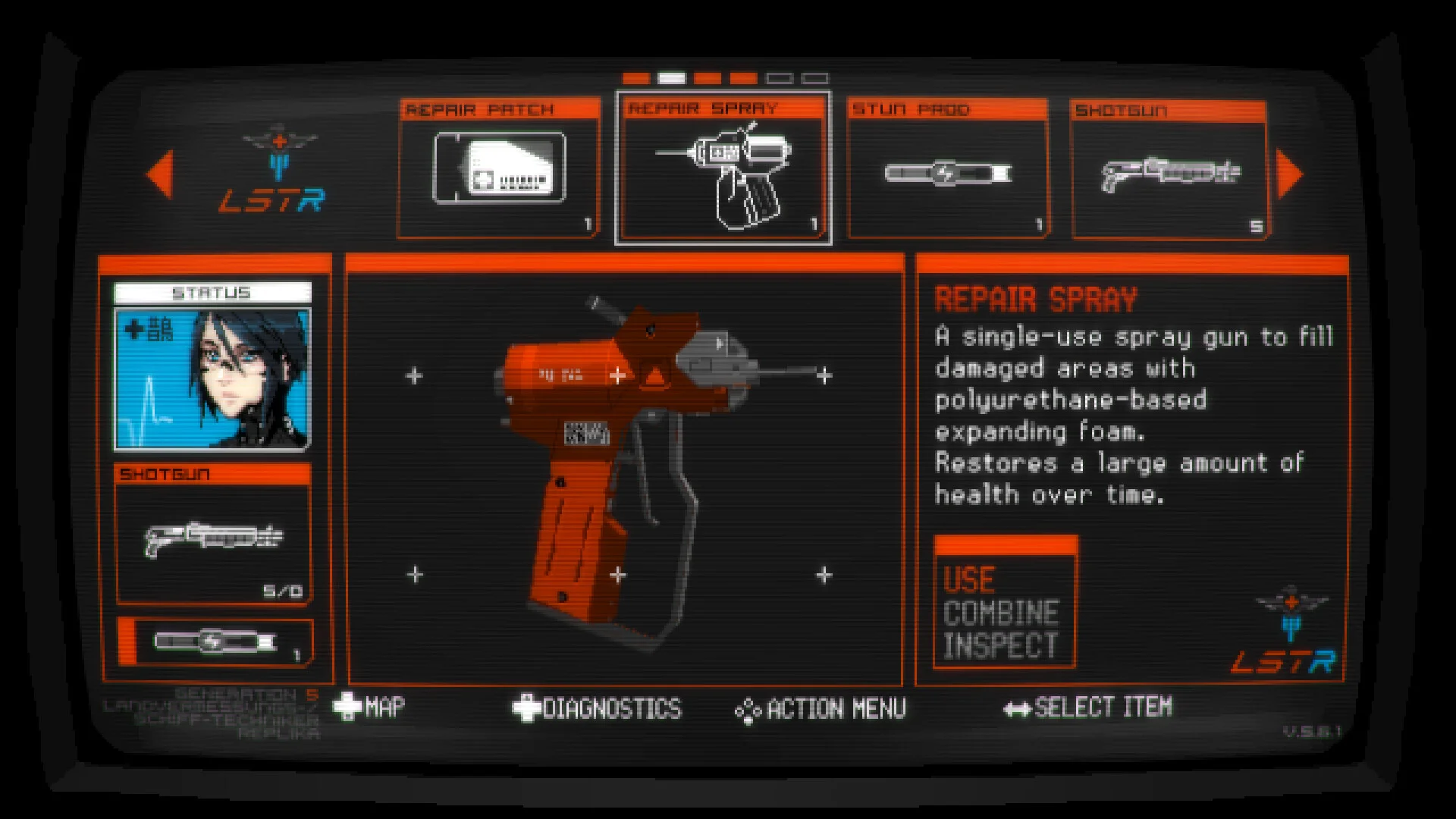 SIGNALIS inventory screen with a Repair Spray selected and item slots on a CRT panel