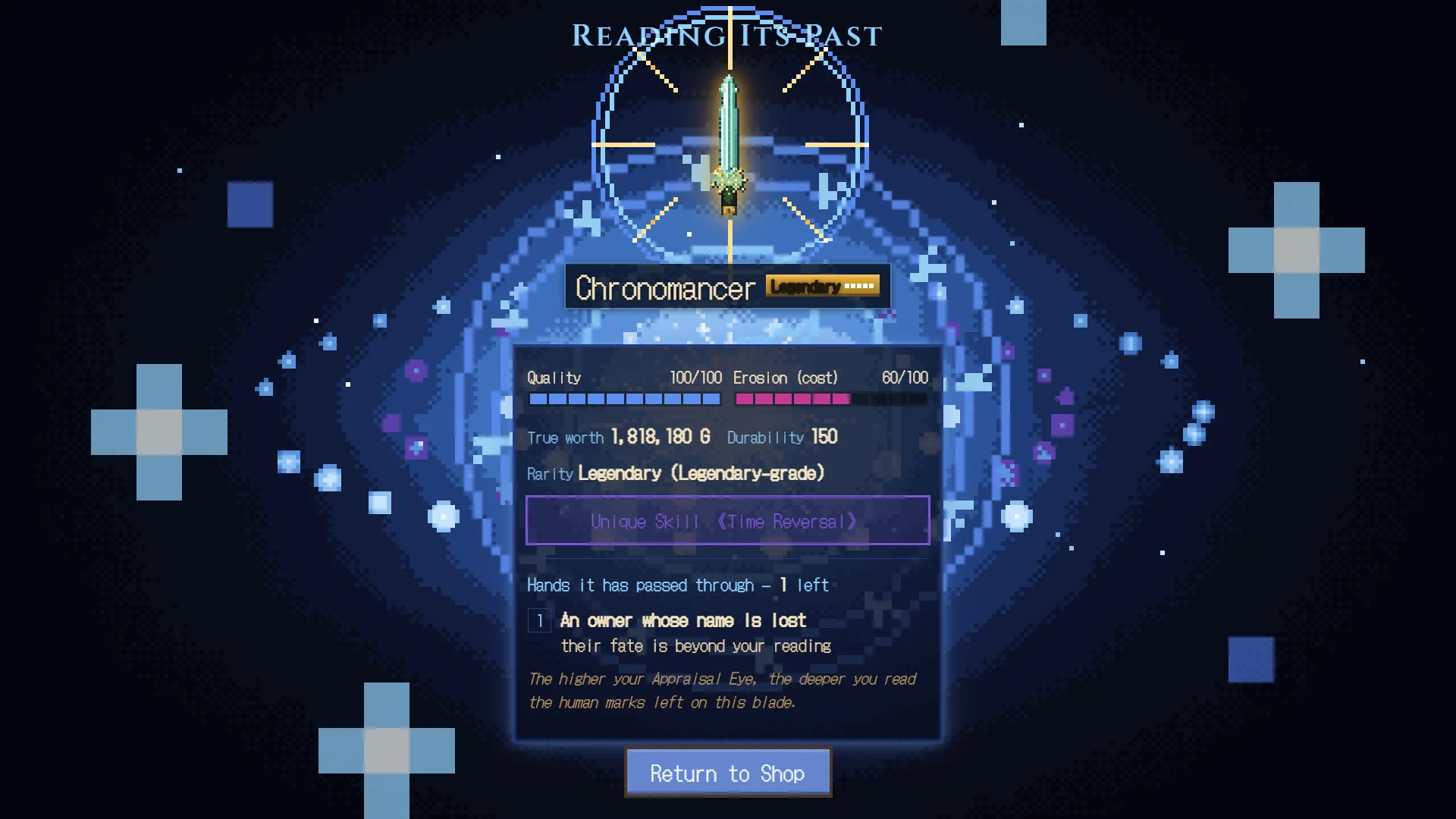 Reading Its Past, Chronomancer Legendary sword, Time Reversal skill, quality and erosion bars on a dark void