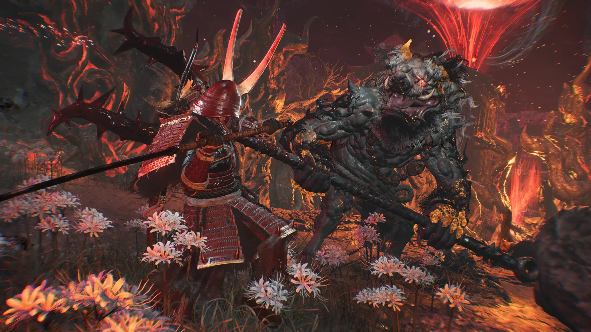 A red-armored fighter with a polearm faces a grey yokai among white flowers and lava