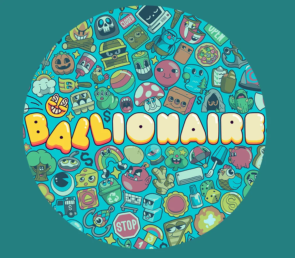 Ballionaire cover: round teal collage of cartoon icons with yellow BALLIONAIRE title
