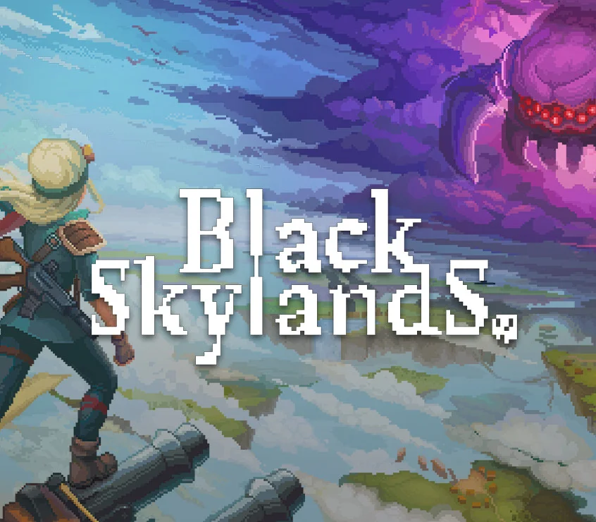 Black Skylands cover: blonde marshal on a cannon facing floating isles and a purple storm beast