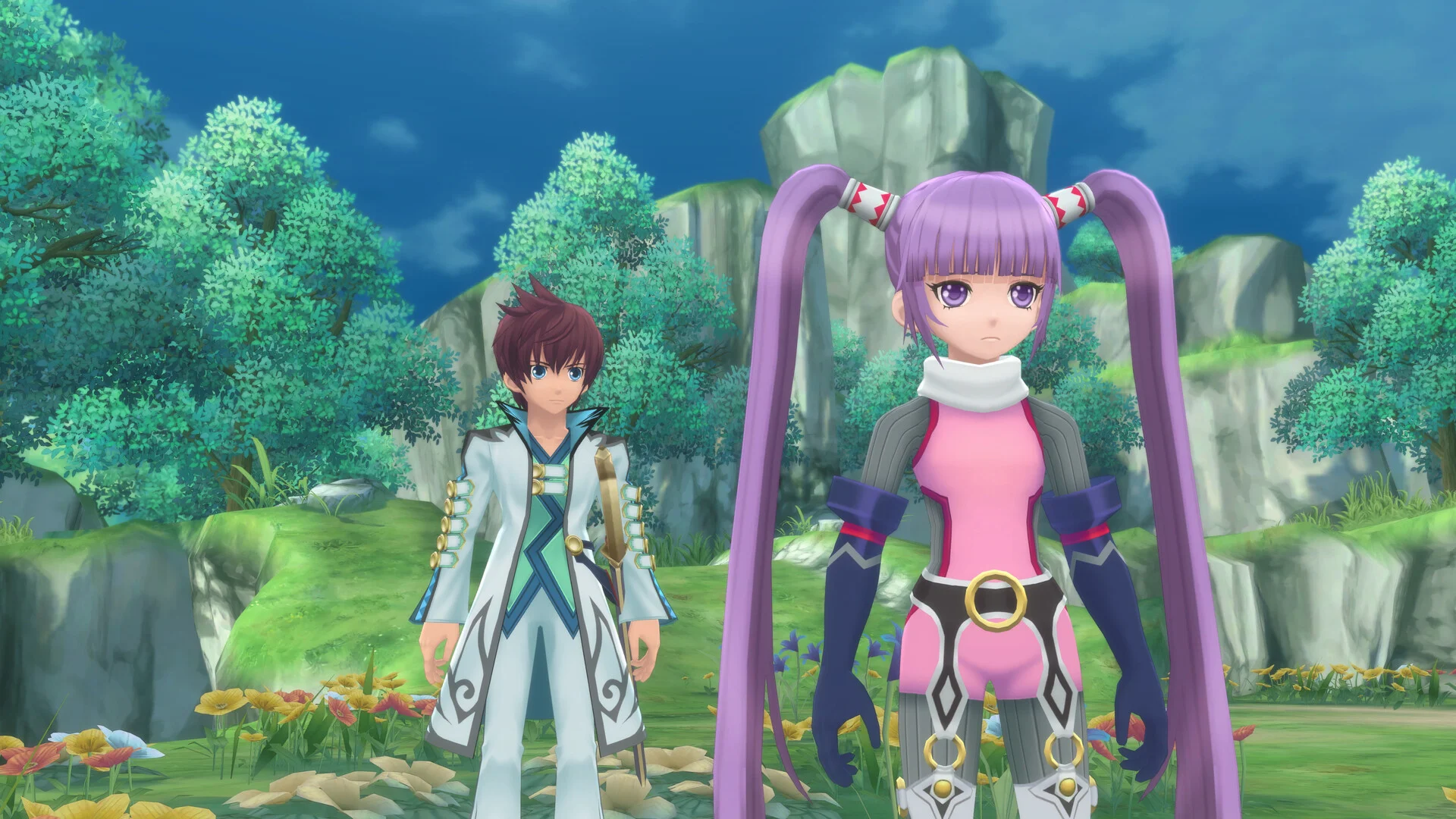 Asbel and Sophie standing in a flowered valley