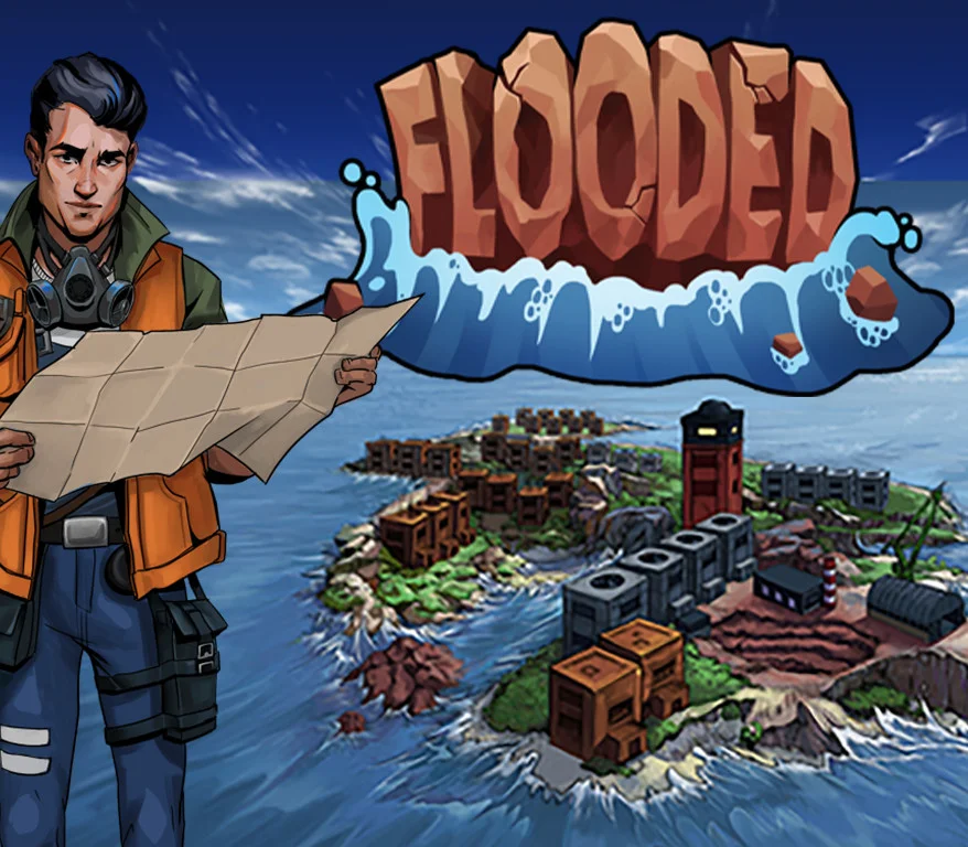 Cover, title FLOODED in stone letters in a splash, man in an orange jacket with a map and gas mask, cube-building island below