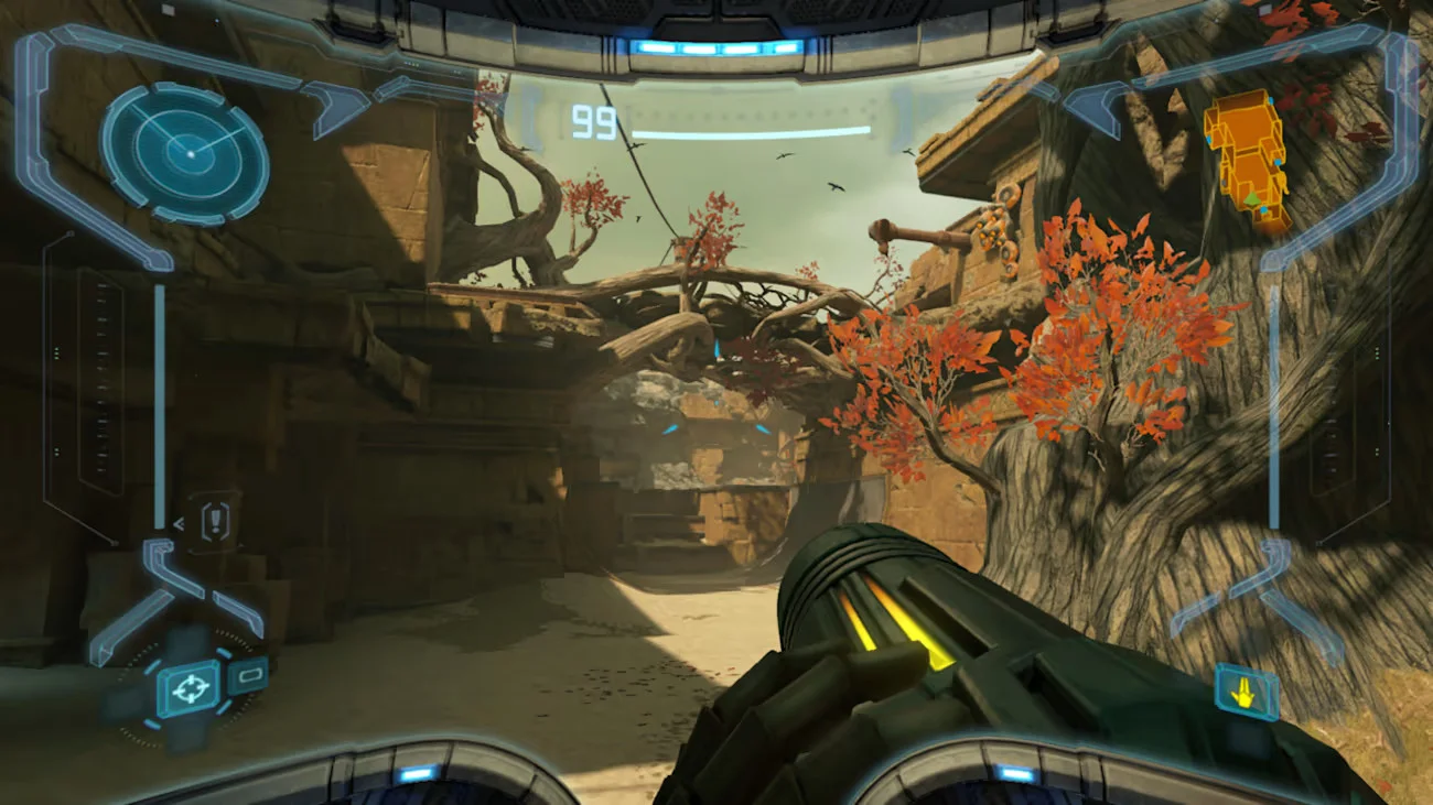 First-person rocky canyon with orange growth.