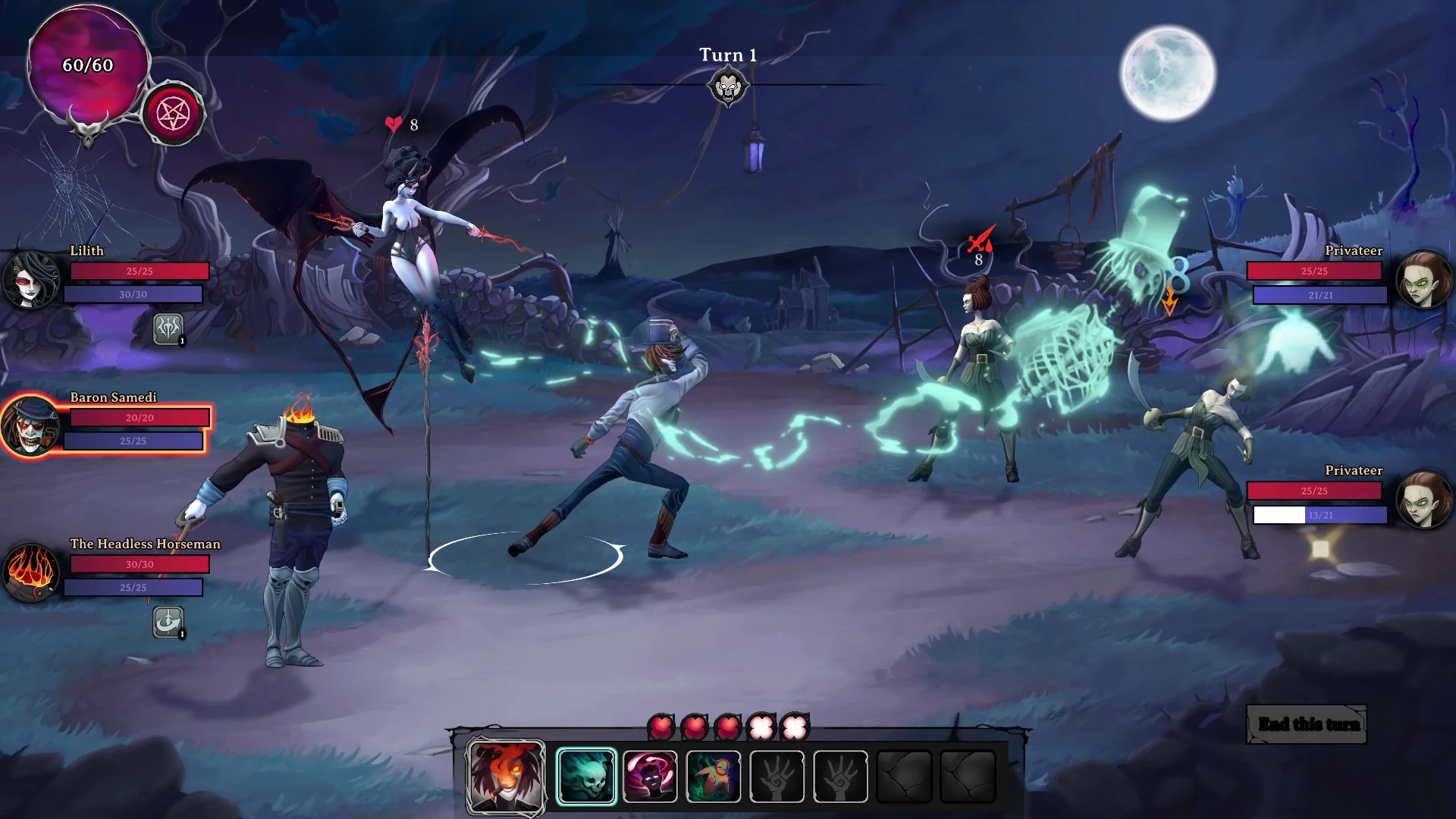 Three figures fighting ghostly enemies on a pier.