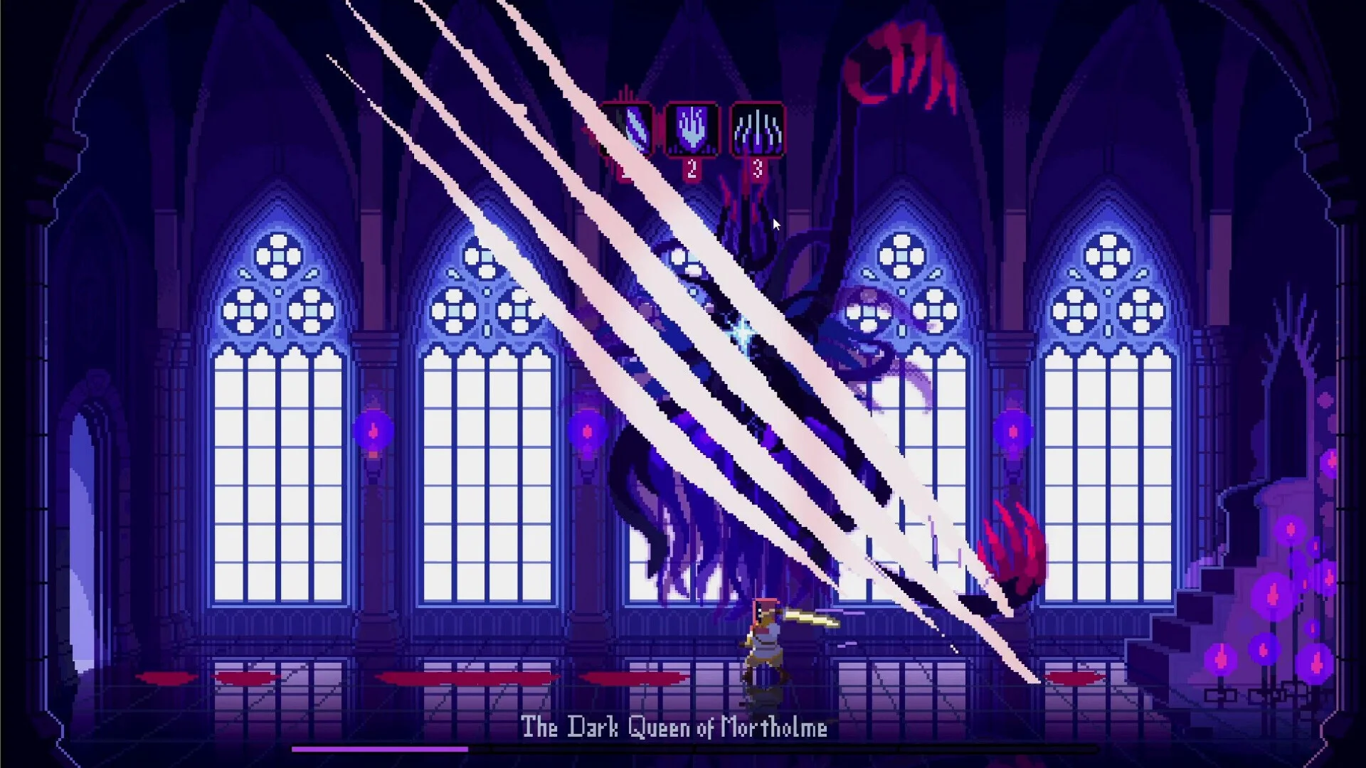 Three white claw slashes across the hall as the Queen looms over the hero with a glowing sword