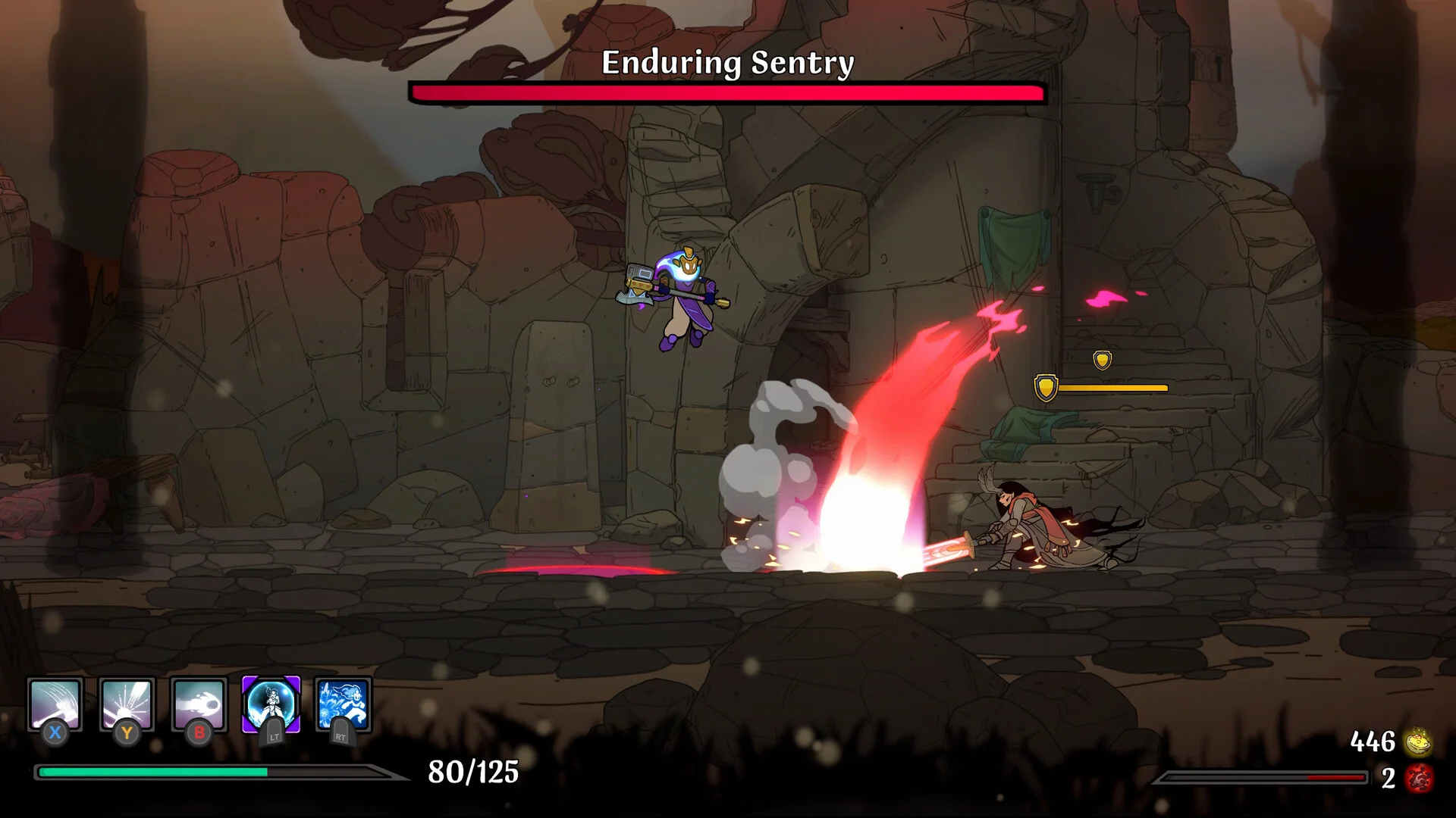 Enduring Sentry health bar over stone ruins, hooded figure mid-air with an axe as a pink blast hits the sentry, 80/125 and 446