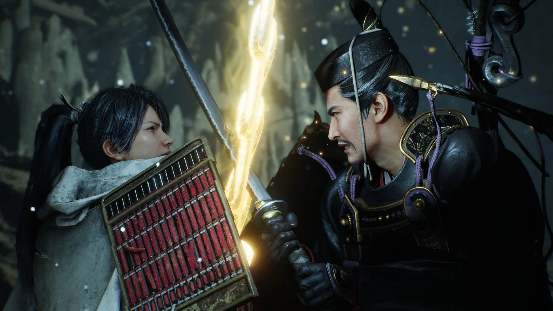 Two fighters face each other, one with a red slatted shield and a glowing blade, the other in black armor