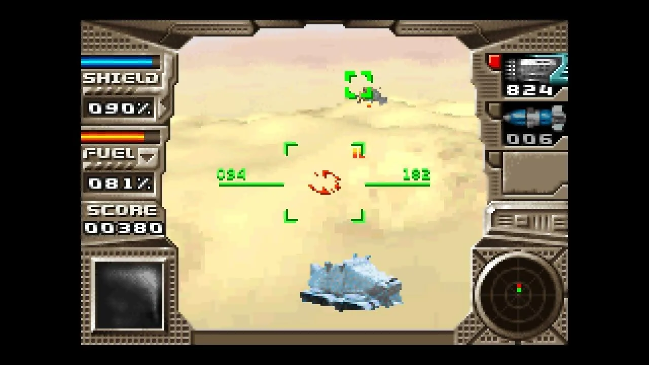 Cockpit over pale sand, red lock circle, blue voxel ship below, Shield 90 percent Fuel 81 percent
