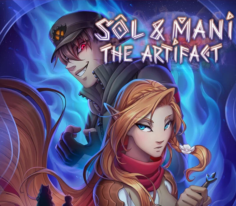 Okładka Sol and Mani the Artifact, uśmiechnięty mężczyzna w szarej czapce z czerwonym okiem, ruda elfka z białym kwiatem i sztyletem, niebieski płomień, tytuł SÔL & MANI