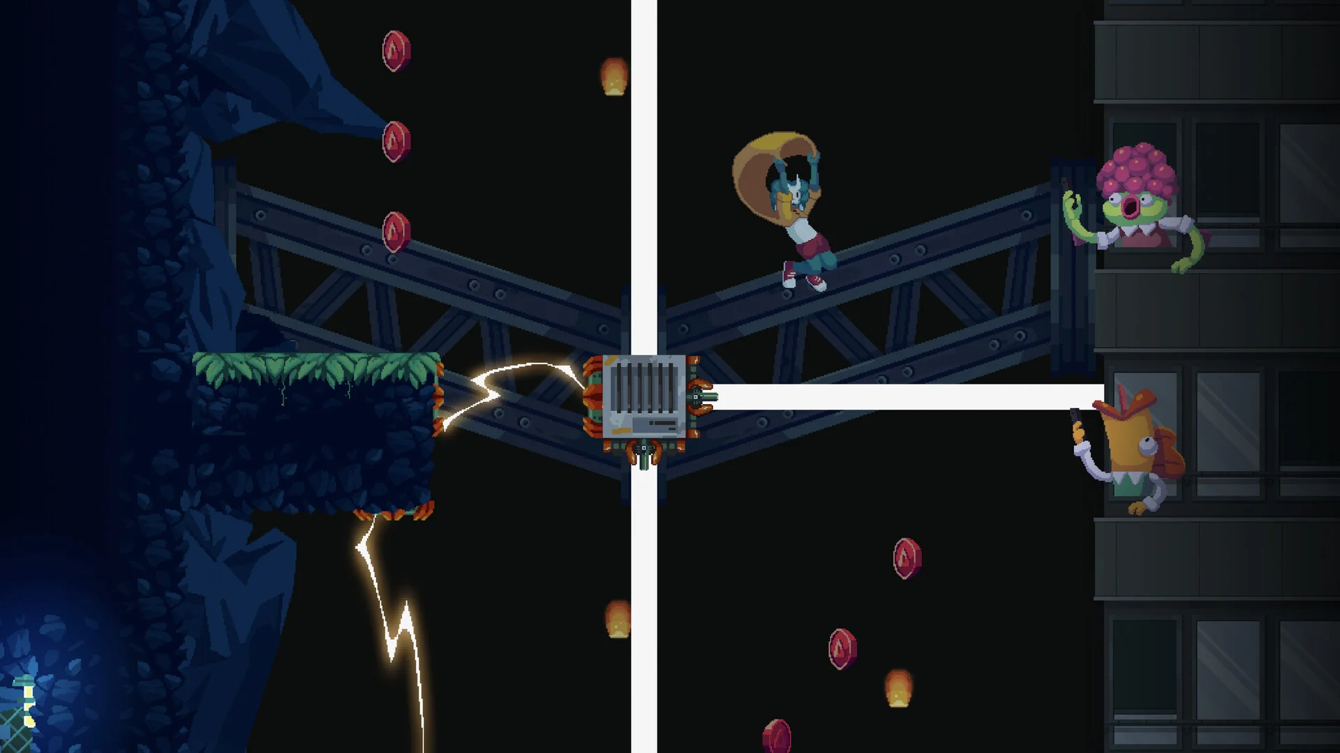Split view of a cliff with red A pickups versus a crane beam with a yellow-hatted runner and window NPCs