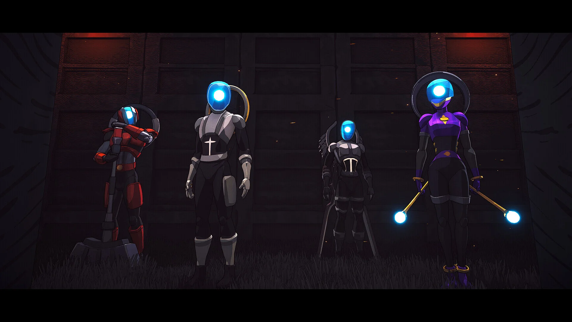 Four visored Gatekeepers: red hammer, white-cross suit, winged fighter, purple with twin light batons