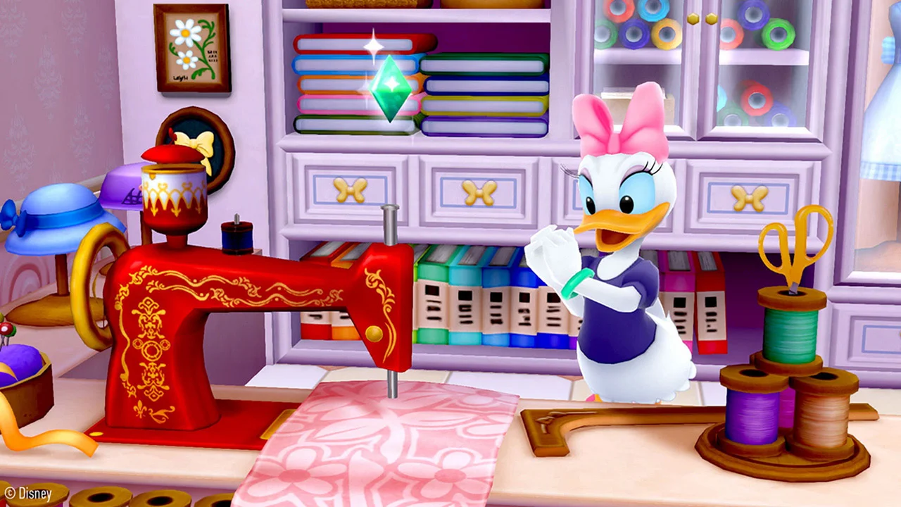 Daisy Duck at a pink sewing machine in a bright room.