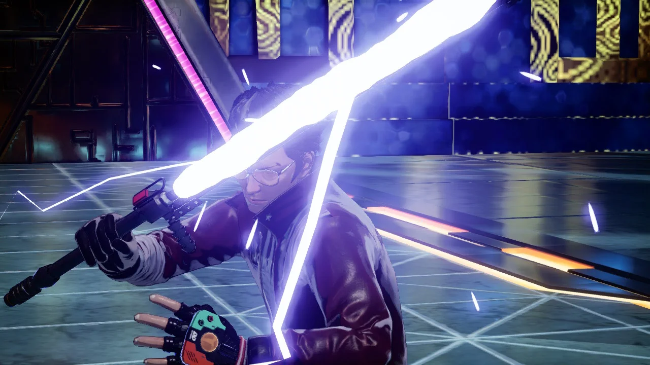 A beam katana slash in a purple-lit arena
