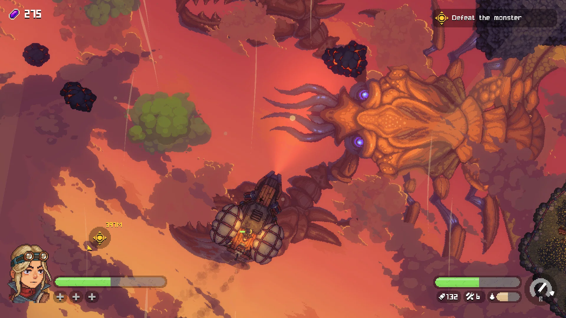 Orange sky: balloon airship under a huge purple-eyed monster, objective Defeat the monster