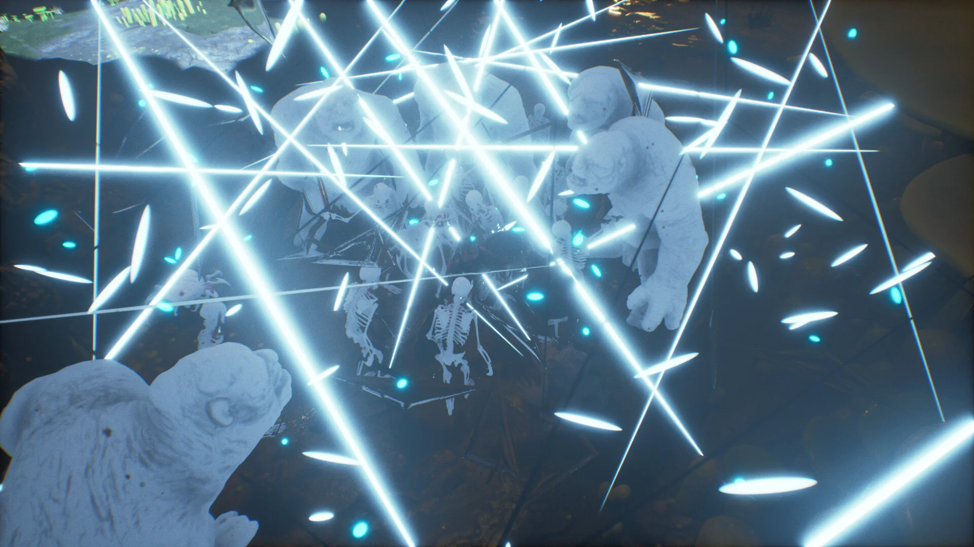 White laser cage over pale ape-like brutes and skeletons, cyan shards in the air, top-down view of the clustered enemies