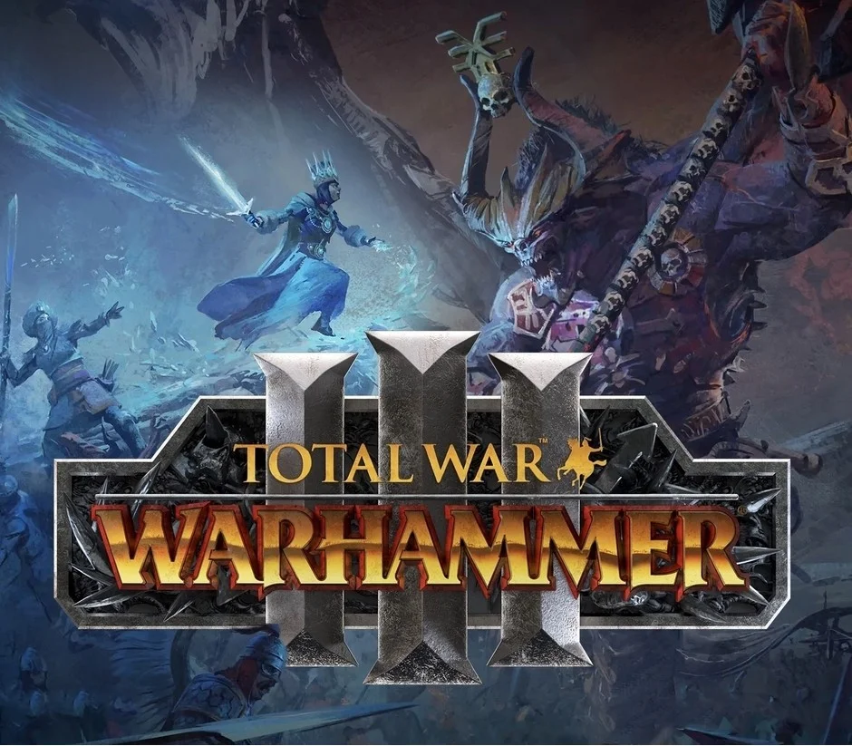 Cover art with the WARHAMMER III logo, a blue-robed sword fighter, and a horned daemon lifting a skull