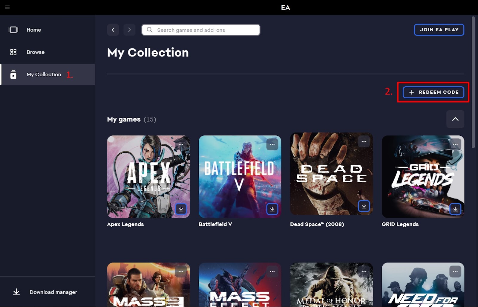 EA app My Collection redeem code button