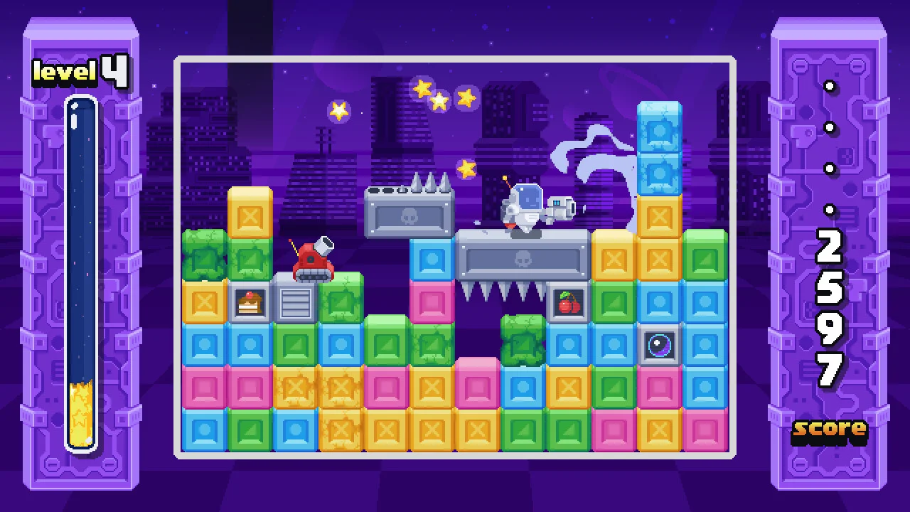 Level 4 board: colorful blocks, tank on a cake crate, astronaut on a spiked skull platform, score 2597