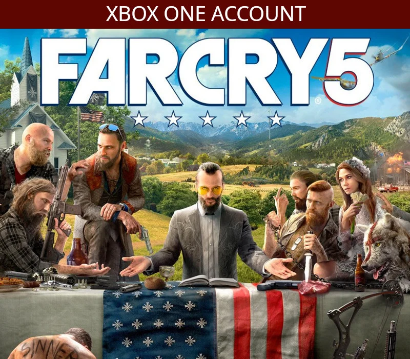 Far Cry 5 key art: Joseph Seed in yellow glasses at a flag-draped table with Eden’s Gate around him in Hope County