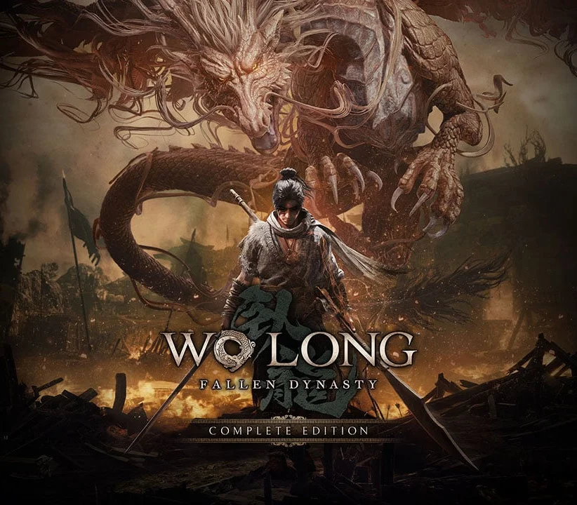 Wo Long Fallen Dynasty Complete Edition cover: a militia soldier before a dragon over a burning village