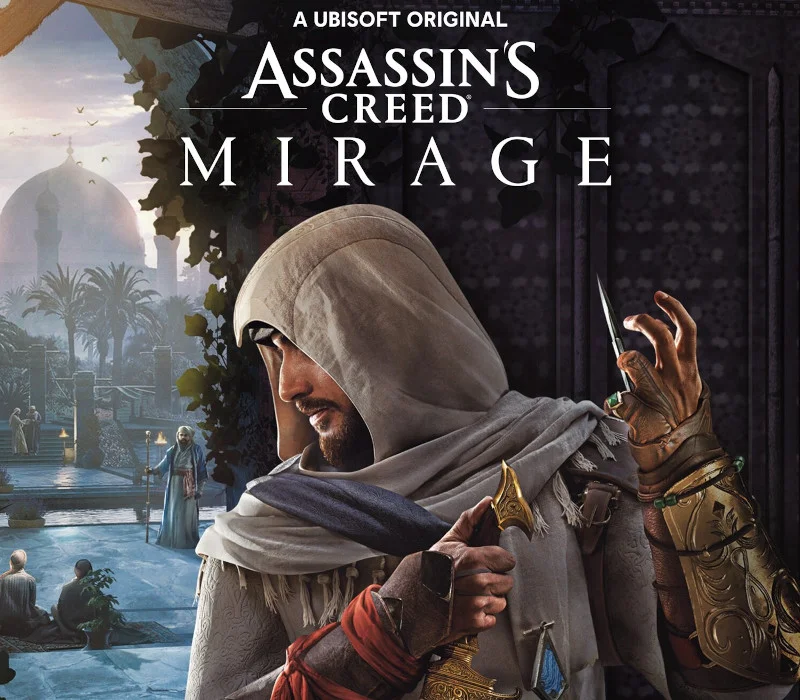 Assassin’s Creed Mirage key art: Basim in a white hood with a hidden blade, Baghdad courtyard and a dome behind him