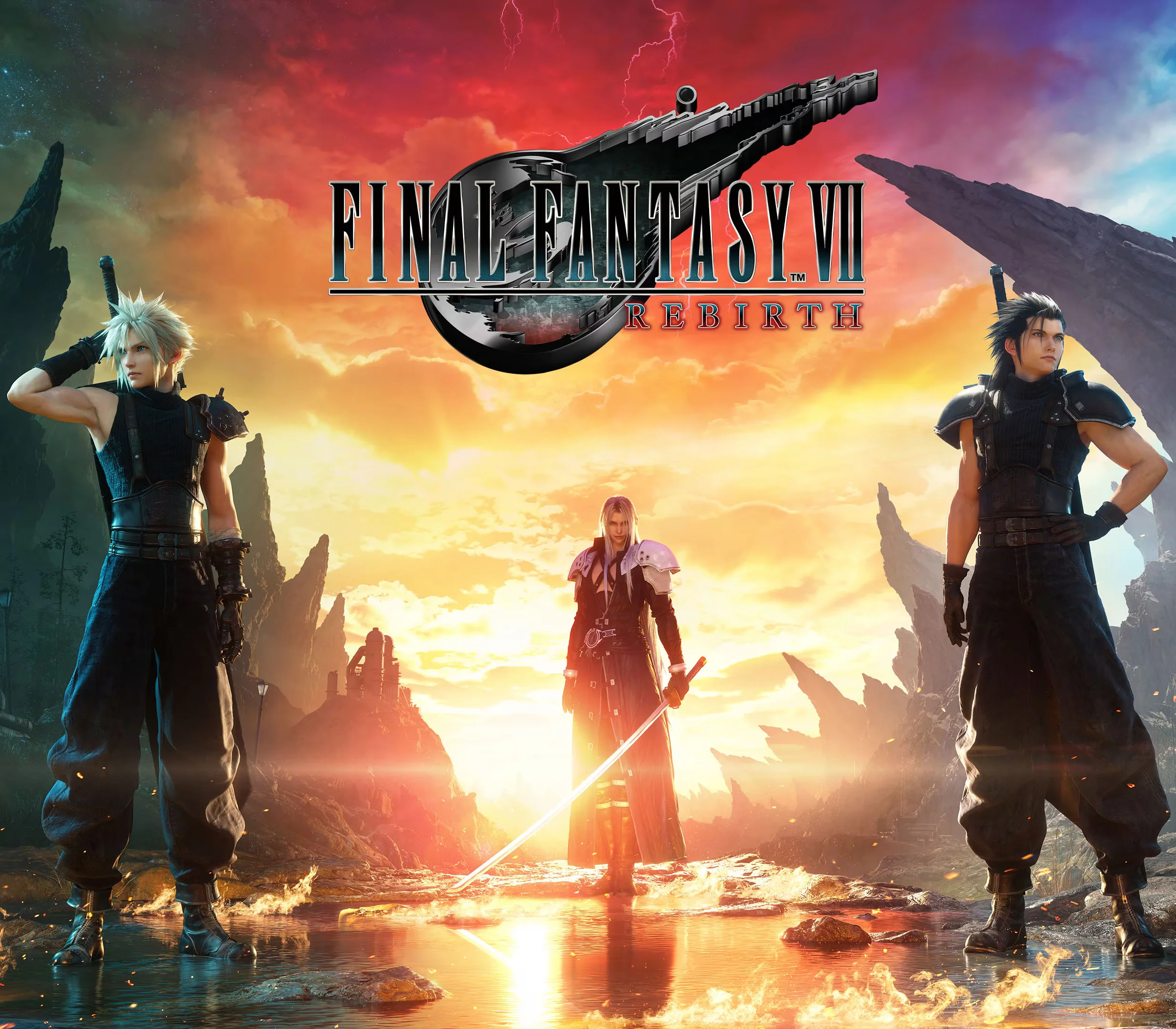 FINAL FANTASY VII REBIRTH cover of Cloud, Zack and Sephiroth in a sunset pool under the Buster Sword logo