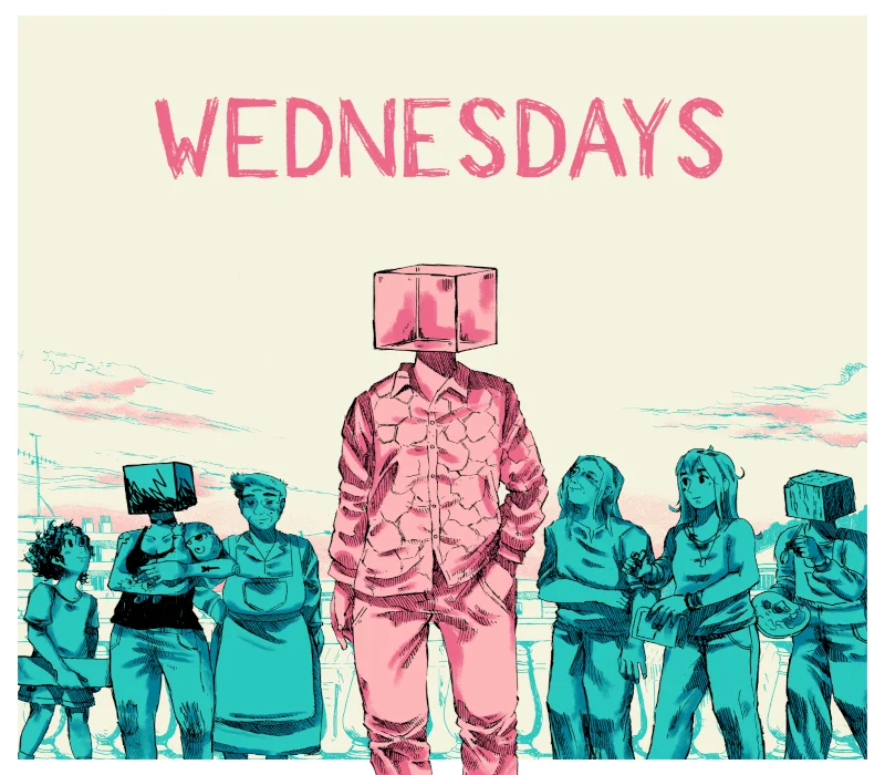 Pink WEDNESDAYS title over a person in a cracked pink suit with a cube for a head, teal figures along a railing at dusk
