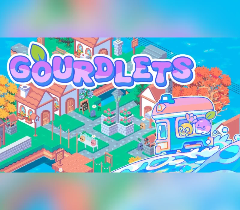 Cover, title GOURDLETS, isometric pastel town by water, a small train with two gourd faces splashing at the right