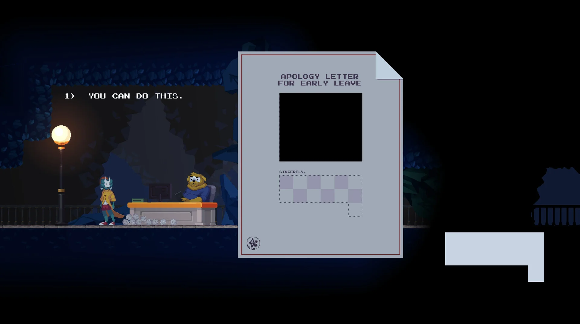 Night cave with a masked intern by a lamp, a teddy at an orange desk and an apology letter overlay
