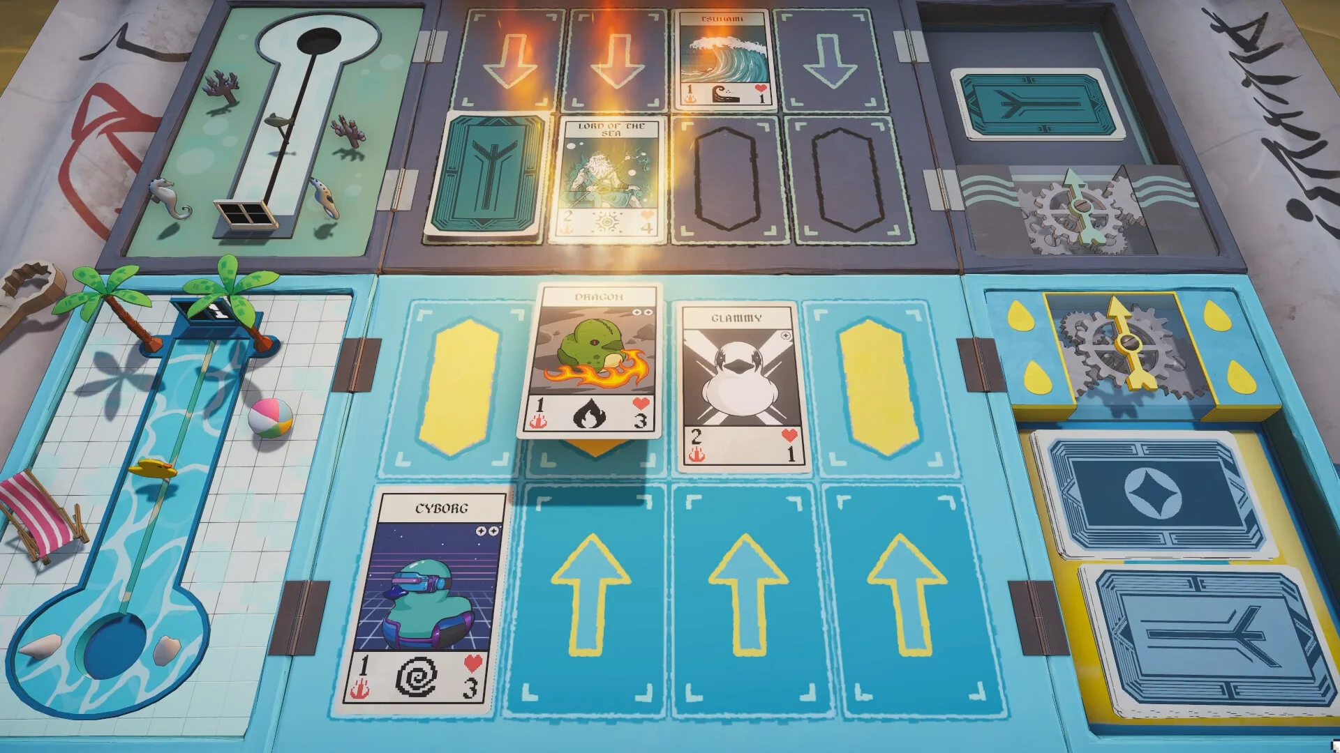 Board fight: Dragon Glammy Cyborg vs Tsunami Lord of the Sea, pool lane and gear tiles