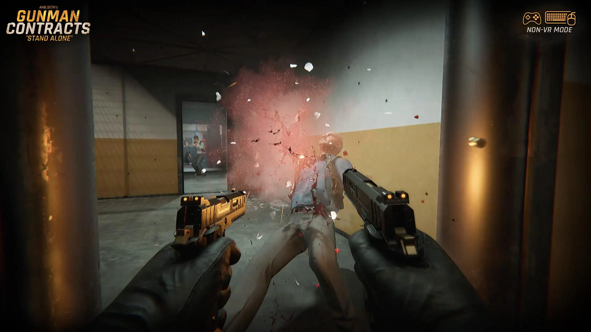 NON-VR dual pistols, yellow and black, man bursting in a yellow hallway, two figures in the doorway