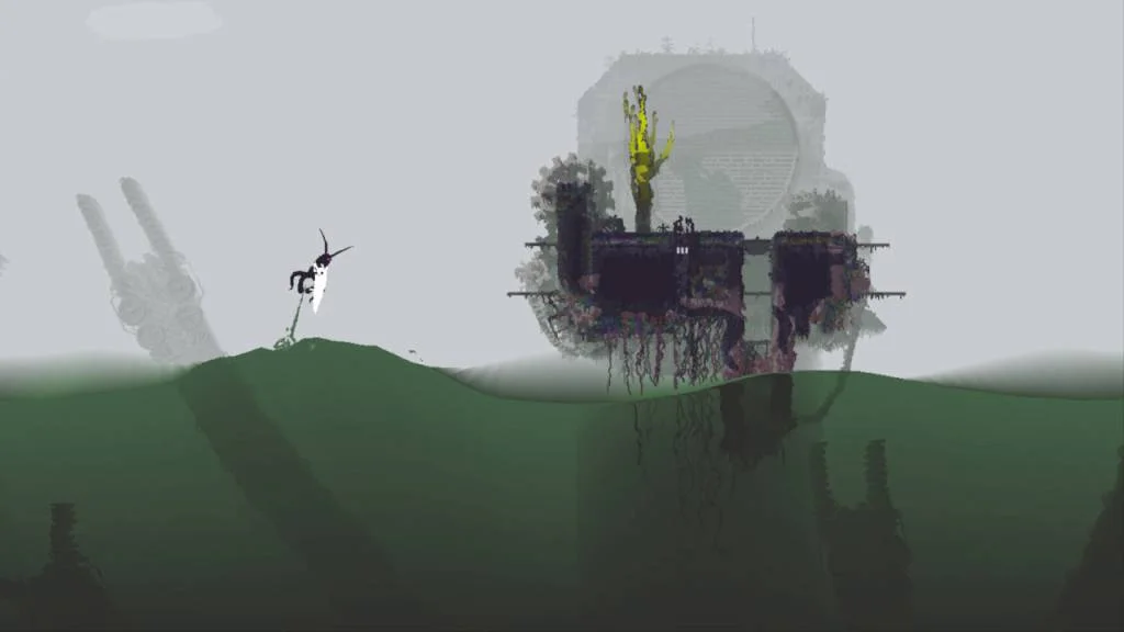 Slugcat leaping over green water toward a yellow hand-shaped plant on mossy industrial ruins