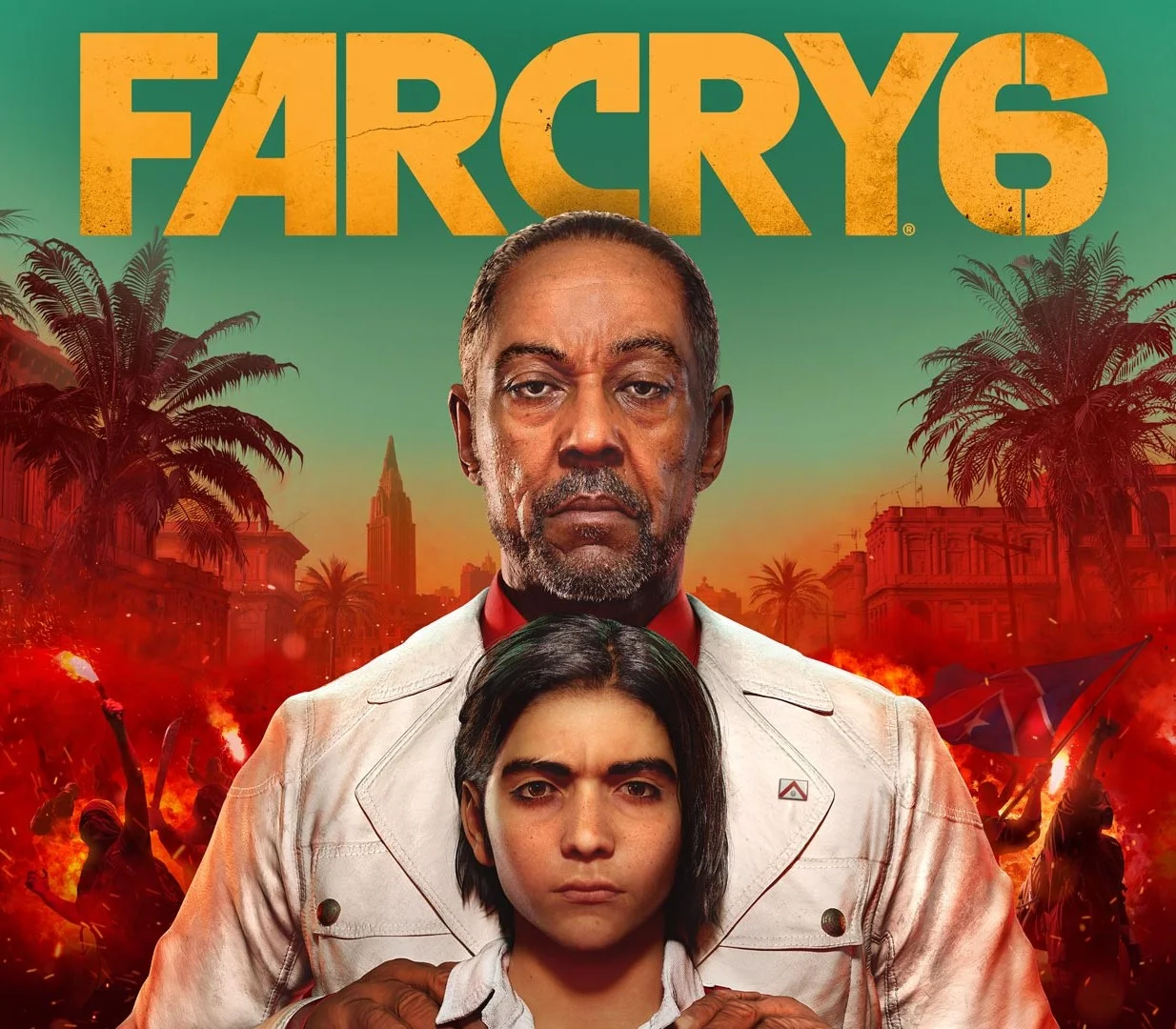 Cover: Anton Castillo in a white jacket stands behind Diego against burning Yara streets and palms, Far Cry 6 logo in gold