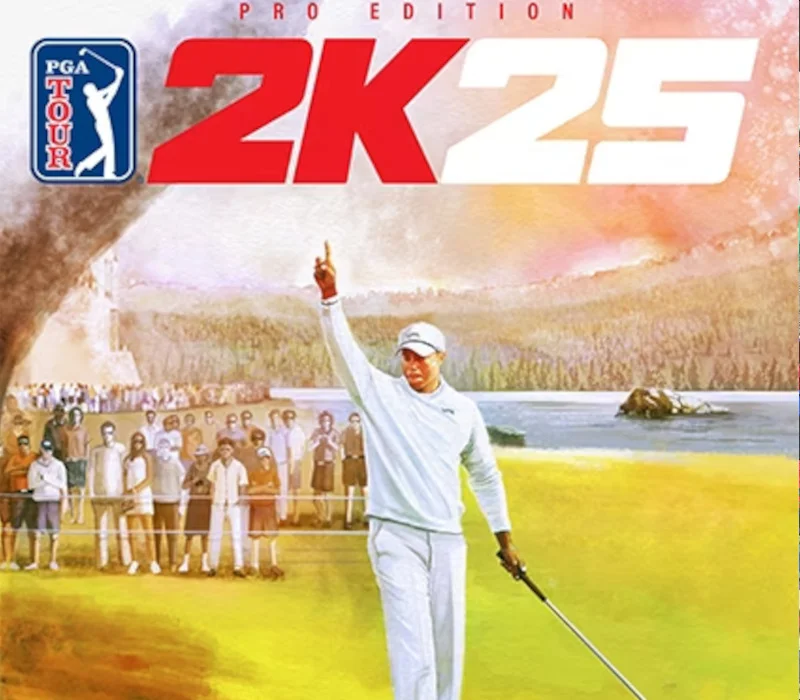PGA TOUR 2K25 Pro Edition cover: a golfer in white raising a finger on a lakeside green