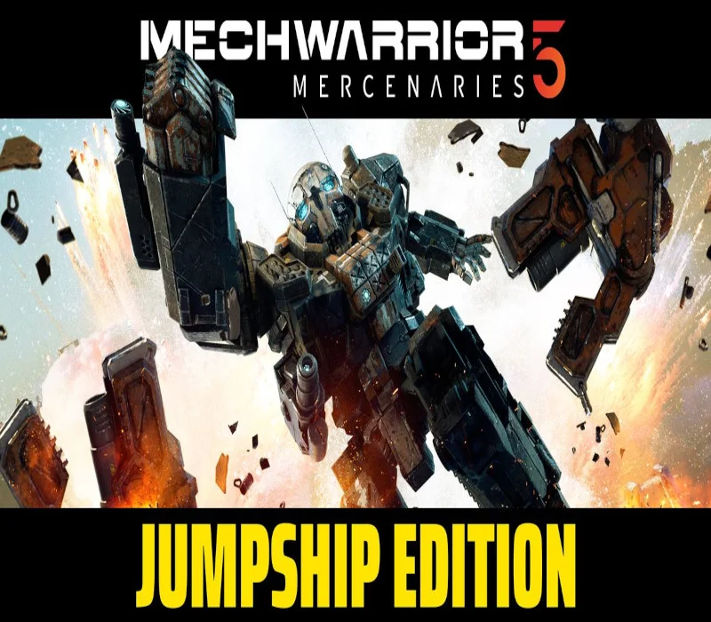 MechWarrior 5 Mercenaries JumpShip Edition cover: a grey assault mech bursting apart in fire
