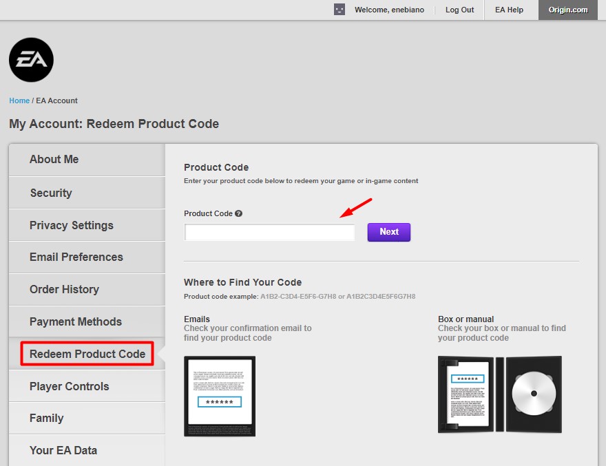 EA website redeem product code field