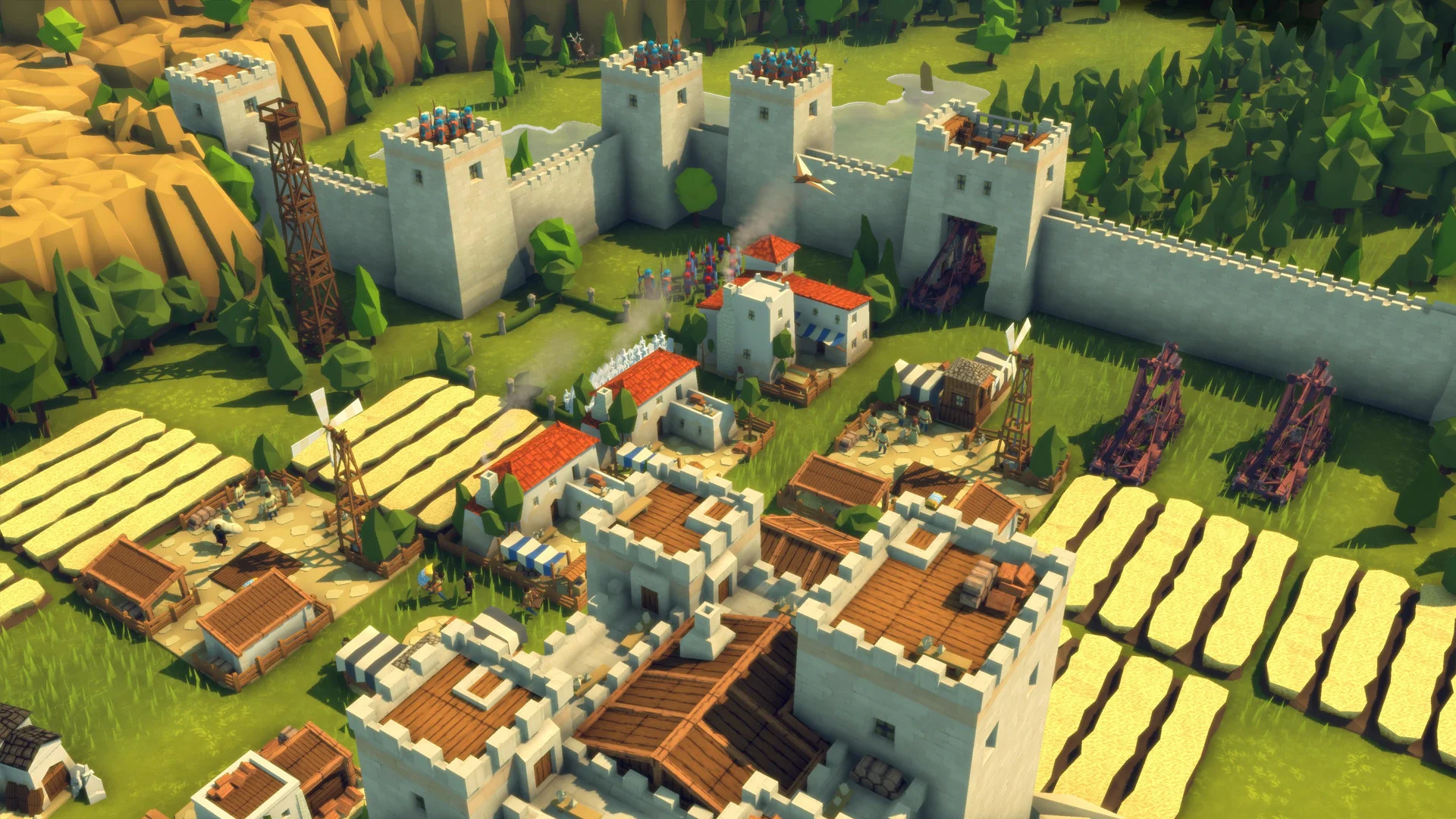 Walled town, white towers, red-roof houses, yellow crop strips, siege engines at the right gate, wooden keep in the foreground
