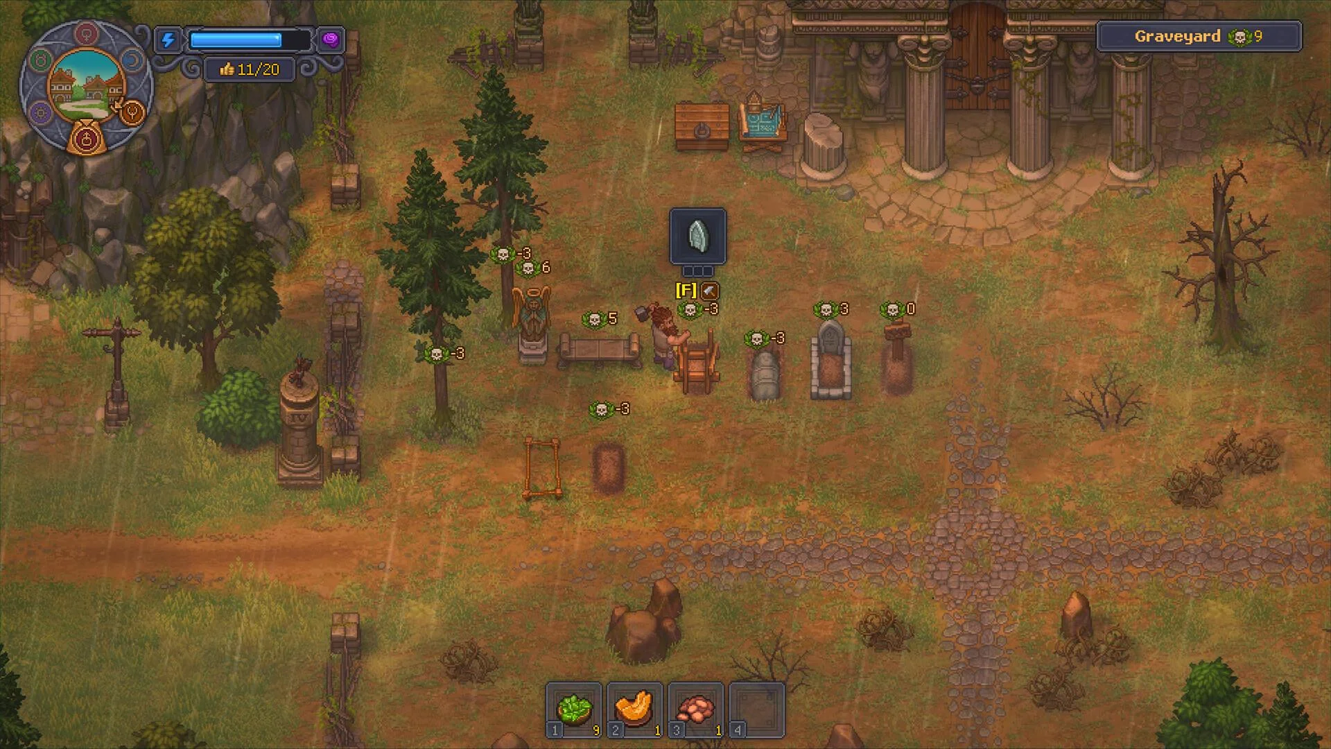 Rainy isometric graveyard: plots marked 11/20, skull counters on graves, keeper at a cart, stone chapel with columns