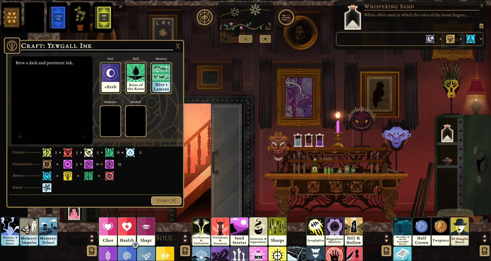 Craft Yewgall Ink: +Ereb, Rites of the Roots, Hive's Lament, Whispering Sand, masks on the table