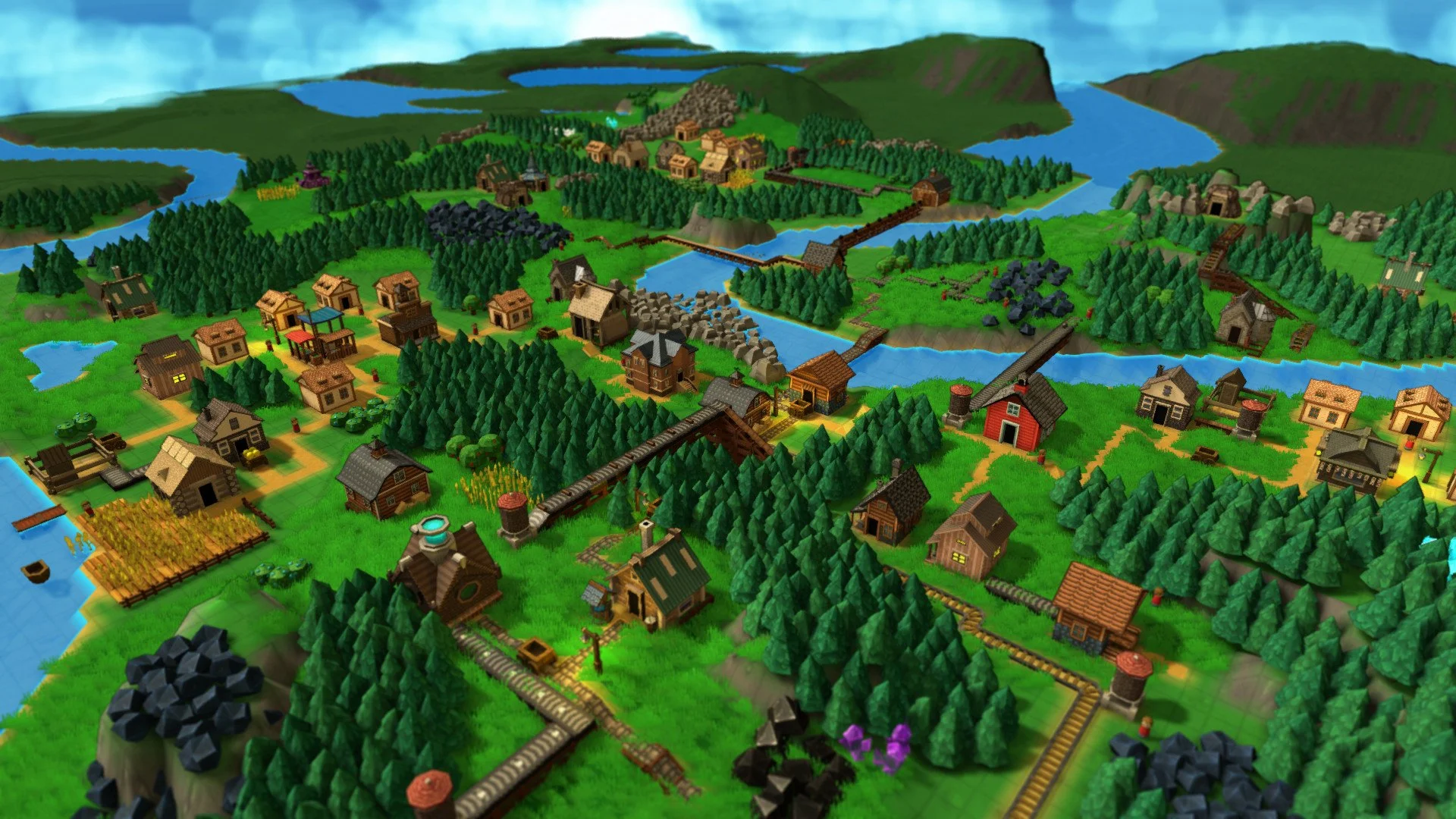3D island village: belts through pines, red barn, rivers, corn plots and wooden cottages