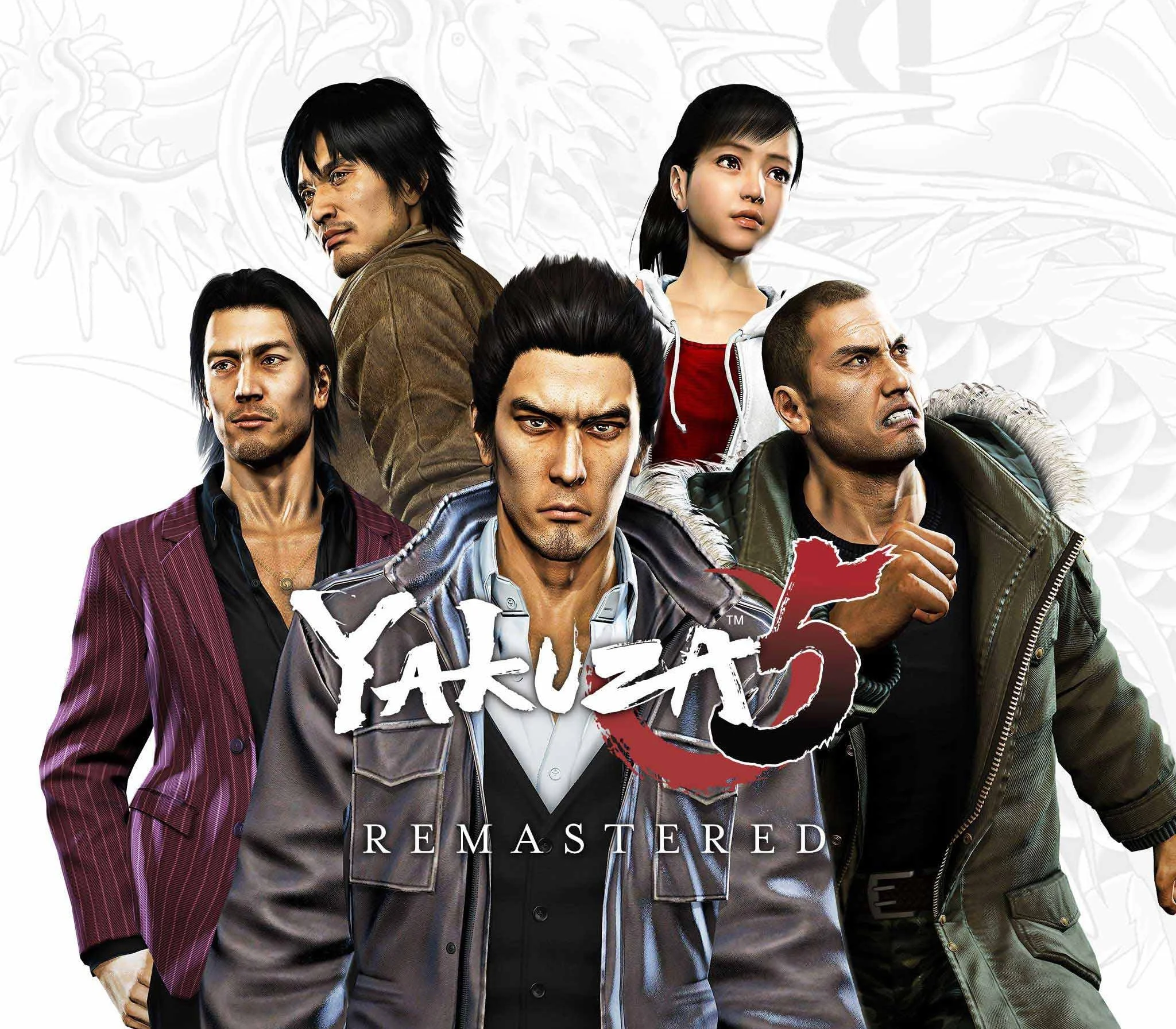 Five characters with Kazuma Kiryu at the centre under the Yakuza 5 Remastered logo