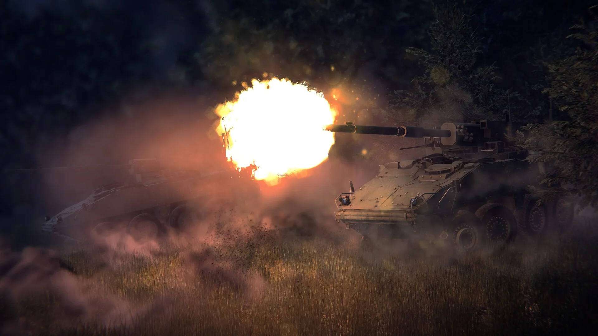 Two armored vehicles fire in a smoky tree line at dusk