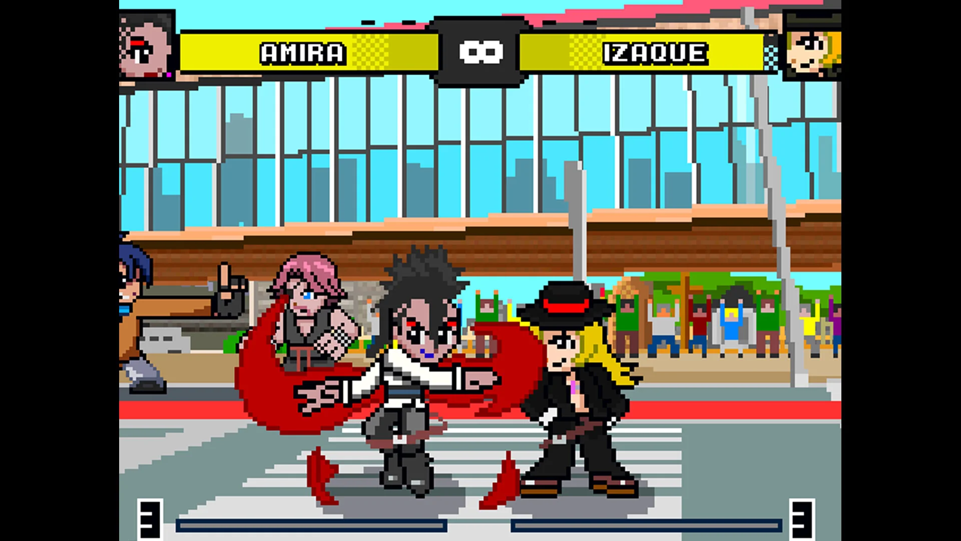 Amira slashes Izaque with a red arc on a bright city crossing stage