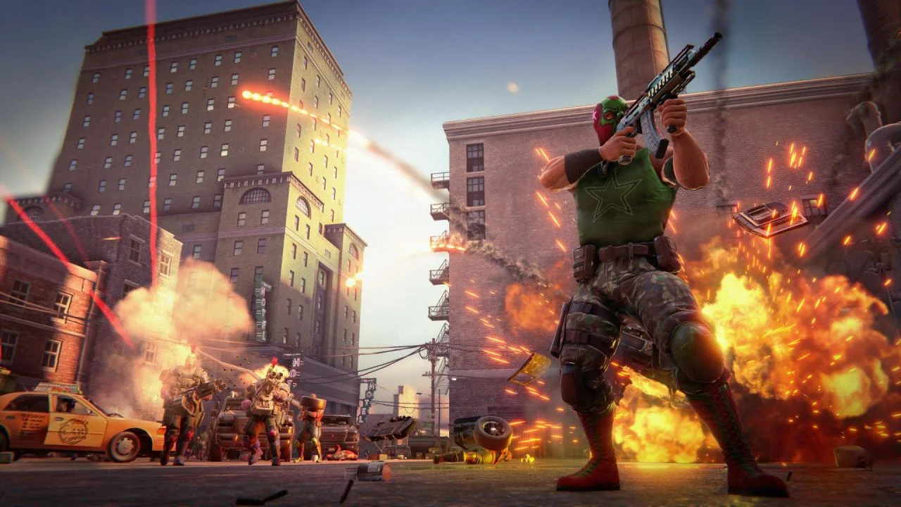 A green-clad character firing as a car explodes.